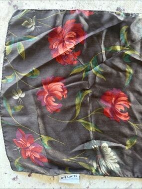 OFF LIMITS Vintage-Style Chiffon Floral Scarf – Dark Brown & Red